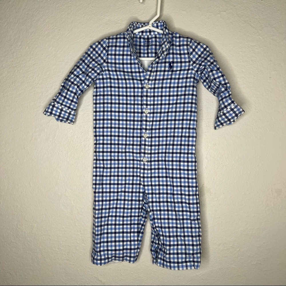 Ralph Lauren Baby Boy Blue Gingham check collared button one piece outfit 9 mths